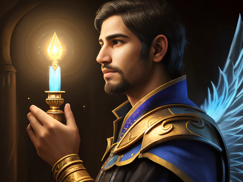 Stoic Human male, South Asian, Inquisitor, Wings of shimmering light, medium close-up