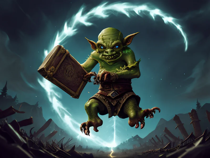 Flameforged (Goblin:1.35), Assassin, Holds a cursed scroll bound in chains, three-quarter view