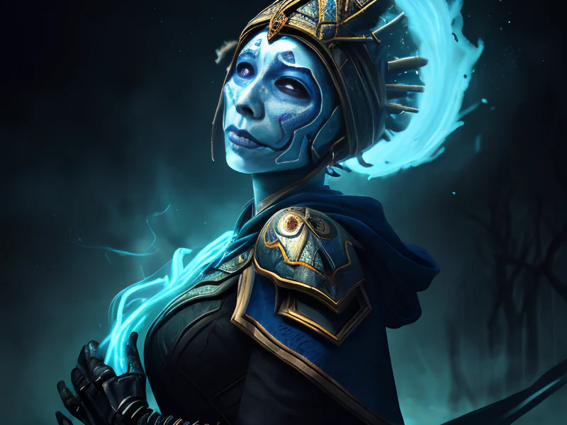 Skyforged Human female, African, Wizard, A mask painted with a permanent sorrowful expression, medium close-up