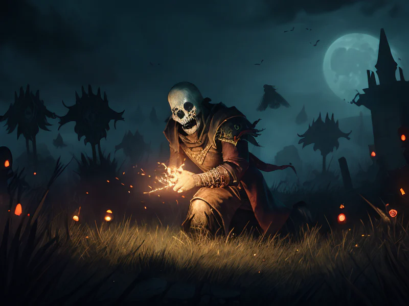 Loyal (Undead:1.35), Blightbringer, Releasing a flock of glowing birds from cupped hands, three-quarter view