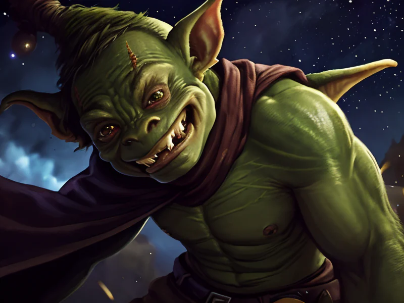 Dominant (Goblin:1.35), Illusionist, A veil embroidered with miniature constellations, low angle shot