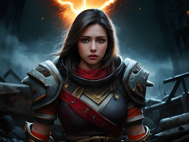 Starforged Human female, Mixed ethnicity, Gunslinger, A tabard split into strips of crimson and ivory, waist-up shot