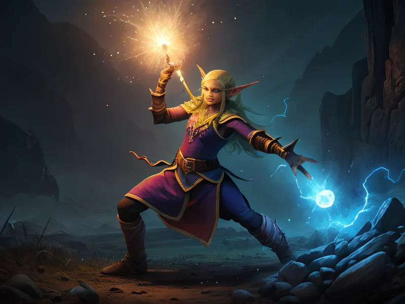 Brave (Elf:1.35), Elementalist, A wand tipped with a captured spark of dawn, full-body shot