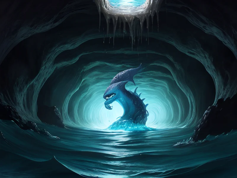 Gloomy (Water Elemental:1.35), translucent water body, wave limbs, tide core, foam, Inside a cavern with walls of molten lava, three-quarter view
