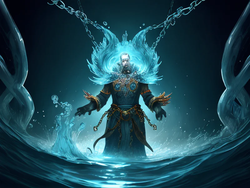 Radiant (Water Elemental:1.35), translucent water body, wave limbs, tide core, foam, Chains dangle from the shoulders, three-quarter view