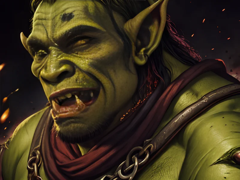 Fearless (Orc:1.35), Beastmaster, Cape lined with shimmering dragon scales, close-up portrait