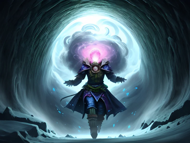 Inquisitive (Air Elemental:1.35), semi-transparent wind body, cyclone torso, cloud wisps, In a tunnel of glowing blue ice, three-quarter view