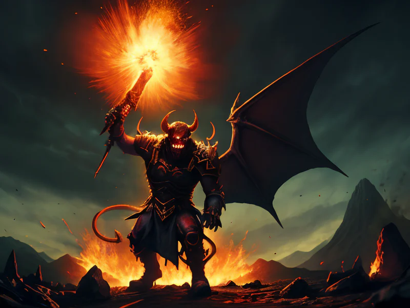 Pessimistic (Demon:1.35), Doom Herald, Standing at the edge of a volcano, magma illuminating their face, low angle shot