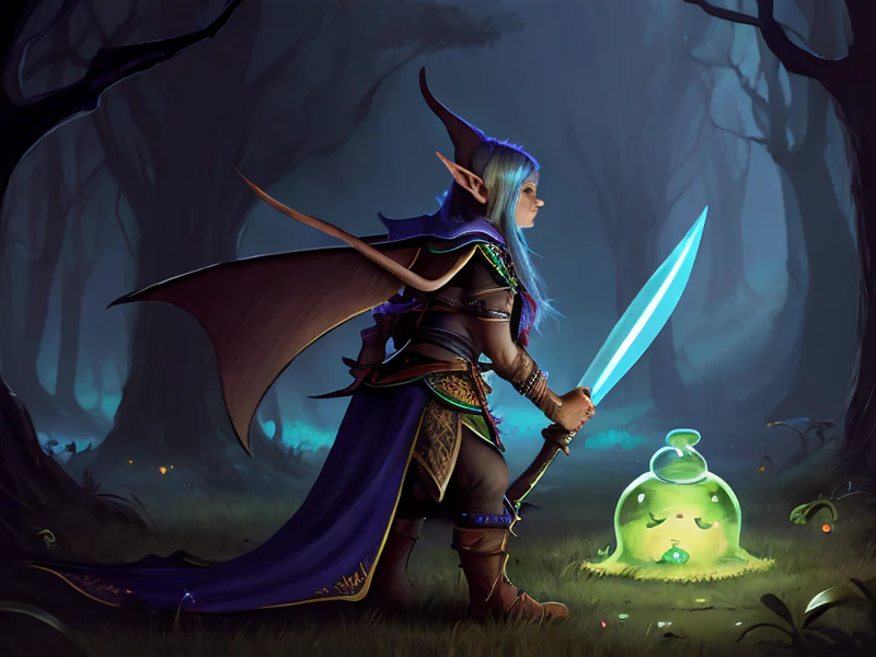 Nightbound (Elf:1.35), Spellblade, Floating slime companion nearby, three-quarter view