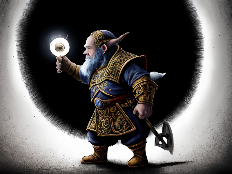 Ascendant (Dwarf:1.35), Gladiator, Wears an ornate monocle that projects arcane glyphs, three-quarter view