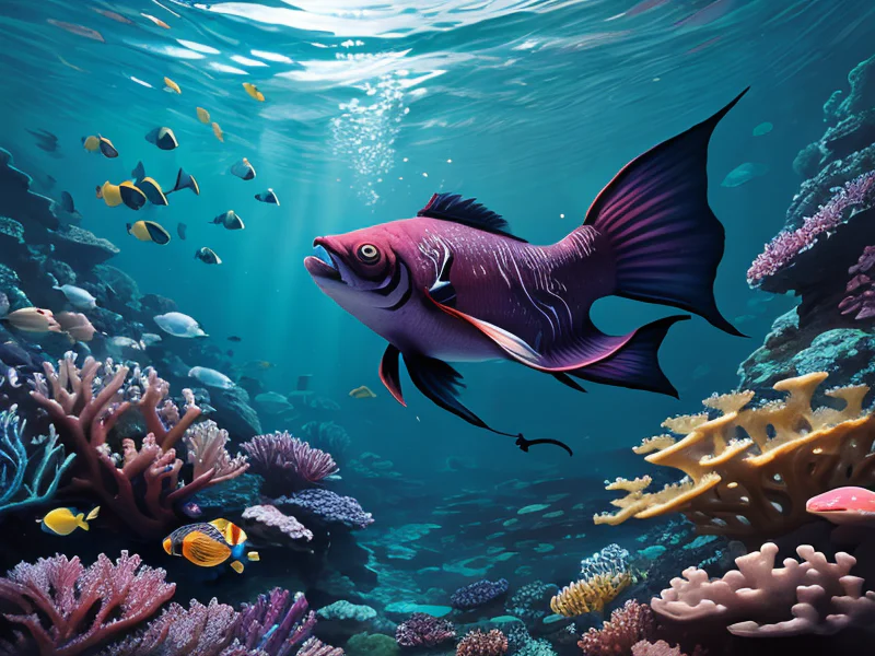 Wise (Demon:1.35), Summoner, Swimming through coral reef with magic fish, three-quarter view