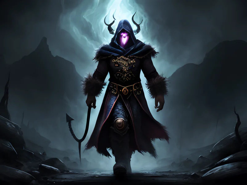 Frostborn (Demon:1.35), Sorcerer, A veil of ash drifting from their shoulders, full-body shot