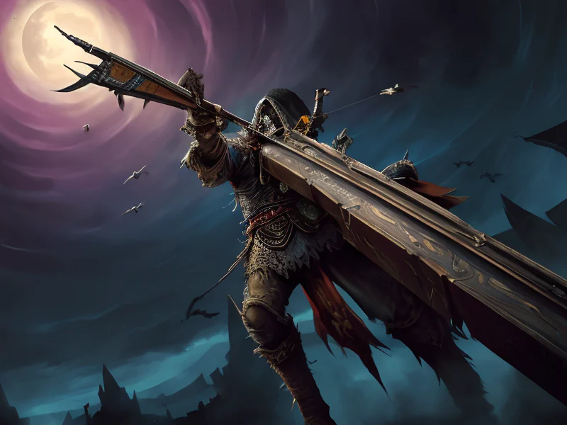Wise (Undead:1.35), Assassin, Crossbow aimed at batlike swarm from skyship mast, dynamic angle