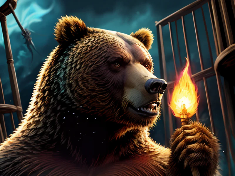 Intimidating (Grizzly:1.35), A staff topped by a cage holding a blue flame, three-quarter view