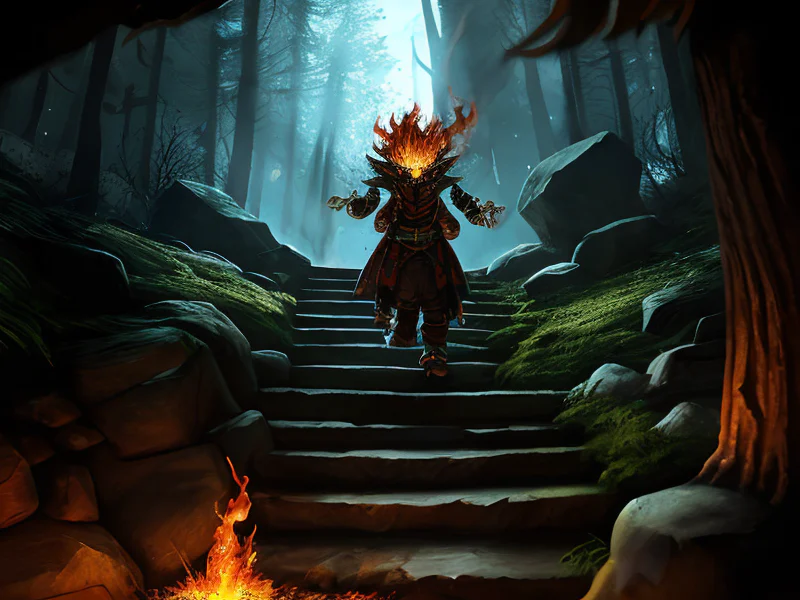 Stealthy (Fire Elemental:1.35), living blaze body, molten cracks, ember core, smoke wisps, A spiral staircase of light appearing beneath each step, waist-up shot