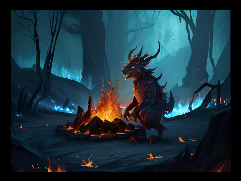 Cunning (Fire Elemental:1.35), living blaze body, molten cracks, ember core, smoke wisps, Trident commanding tides wielded, three-quarter view