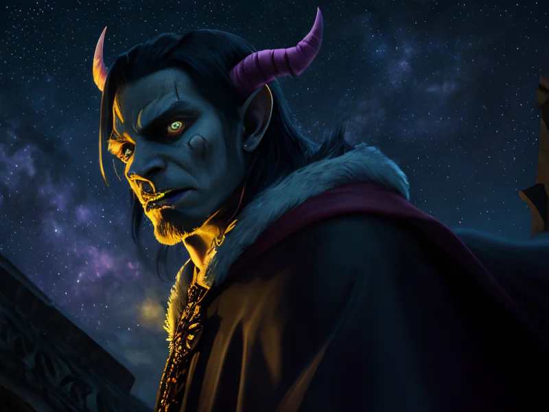 Generous (Demon:1.35), Warlock, With a melancholic expression under a starlit sky, low angle shot