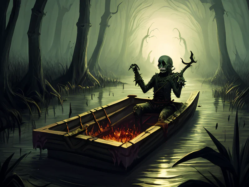 Generous (Undead:1.35), Bone Warden, On a raft drifting through a glowing swamp, full-body shot