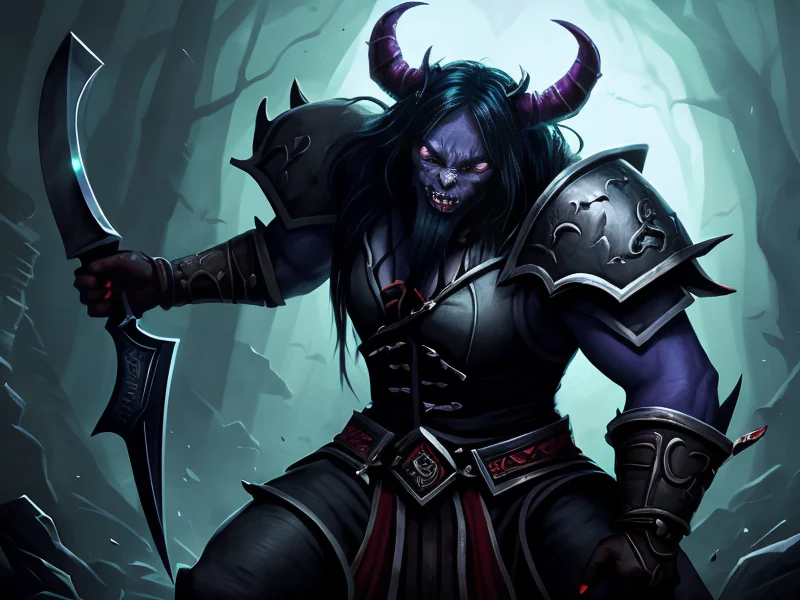 Nimble (Demon:1.35), Assassin, Wields an imposing double-bladed axe, dynamic angle