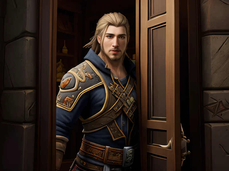 Tactical Human male, Southeast Asian, Pirate, Before a sealed door covered in breathing runes, three-quarter view