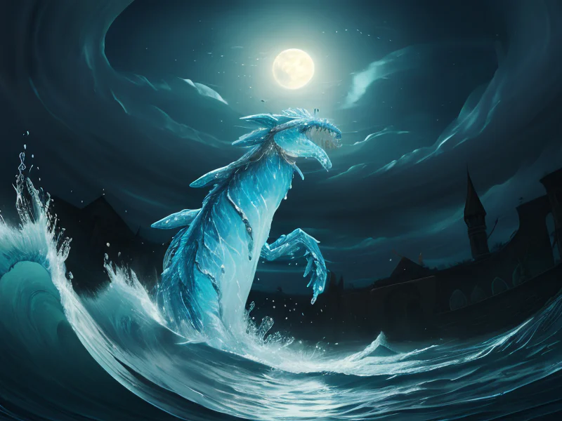 Arcane (Water Elemental:1.35), translucent water body, wave limbs, tide core, foam, Sneaking through moonlit royal garden, dynamic angle