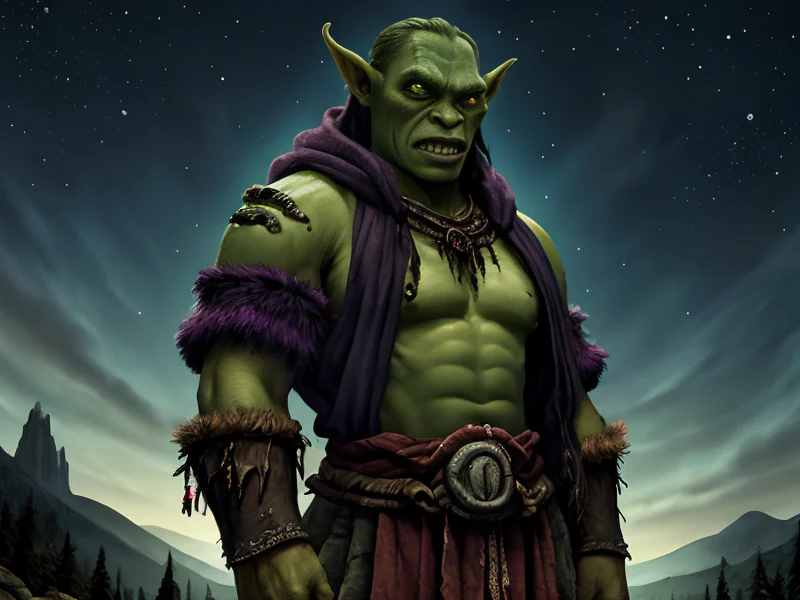 Hallowed (Orc:1.35), Blood Mage, A veil embroidered with miniature constellations, waist-up shot