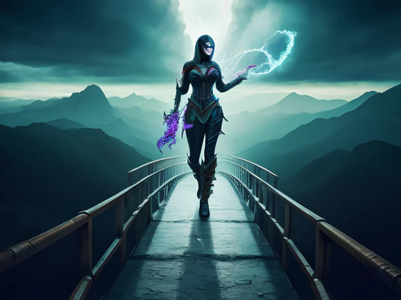 Venom-marked Human female, Southeast Asian, Summoner, On a bridge of glass spanning a silent void, full-body shot
