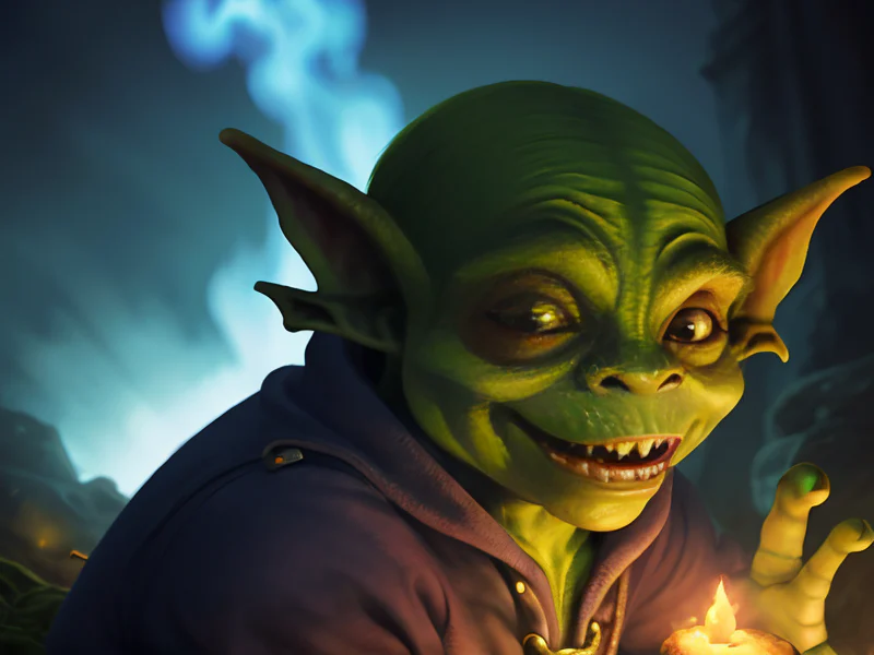 Stealthy (Goblin:1.35), Witch, Crown of glowing blue flames, dynamic angle