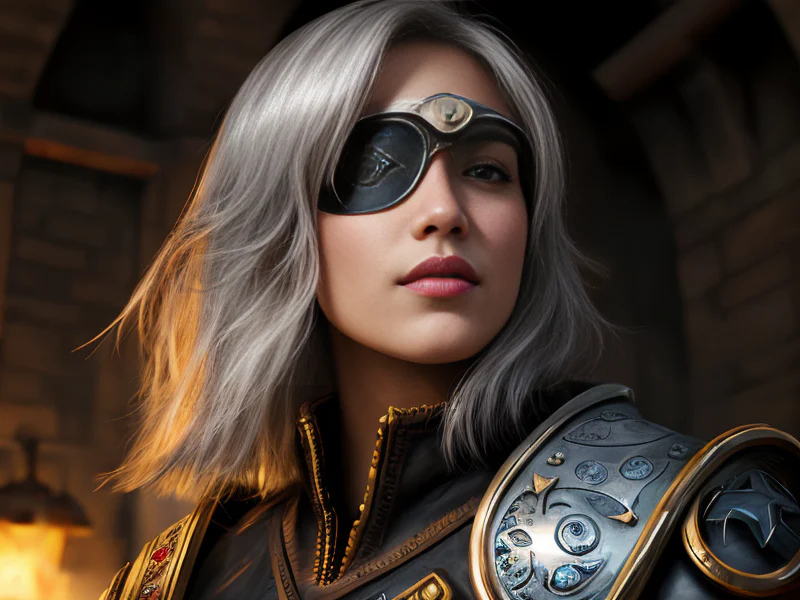 Starforged Human female, North African, Wizard, A leather eyepatch stamped with a silver sigil, low angle shot