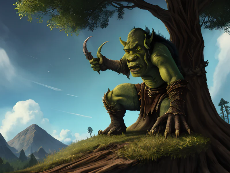 Heroic (Orc:1.35), Warden, Atop a massive tree with branches touching the sky, three-quarter view