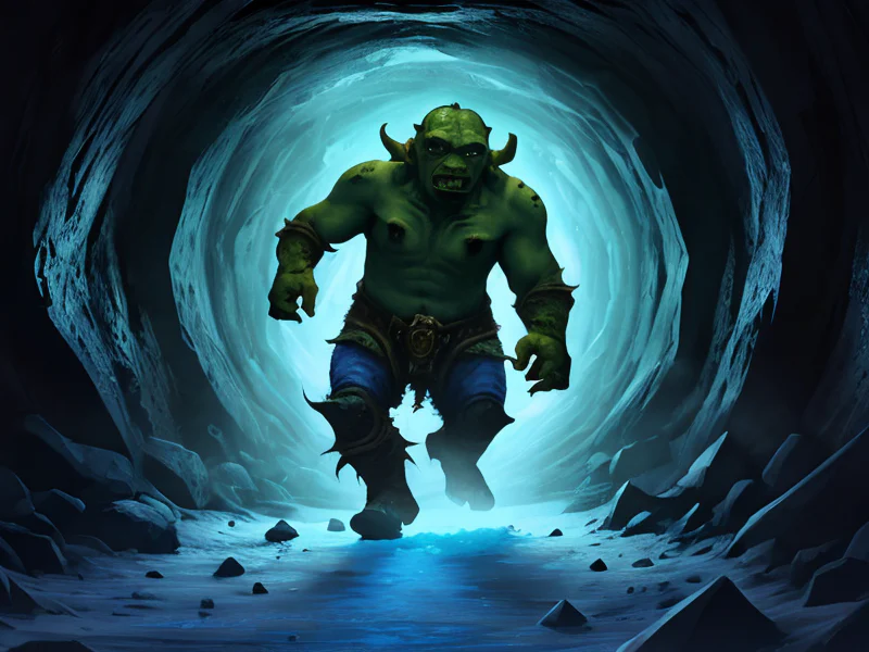 Starforged (Orc:1.35), Assassin, In a tunnel of glowing blue ice, three-quarter view