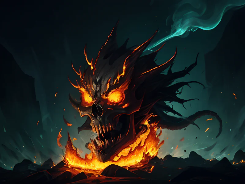 Calculated (Fire Elemental:1.35), living blaze body, molten cracks, ember core, smoke wisps, Wears a skull-shaped helmet, dynamic angle