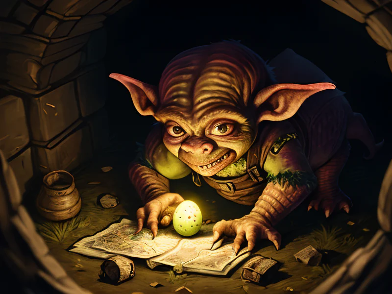 Duskwoven (Goblin:1.35), Artificer, In a deserted village, clutching a tattered map, low angle shot
