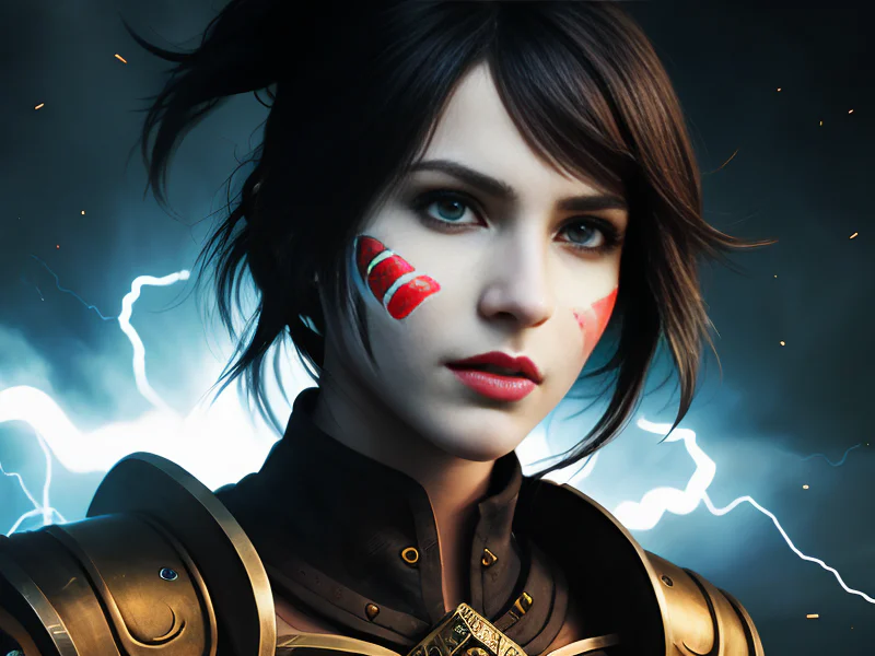 Grim Human female, Latino, Battlemage, A face marked by symmetrical lines of white paint, dynamic angle
