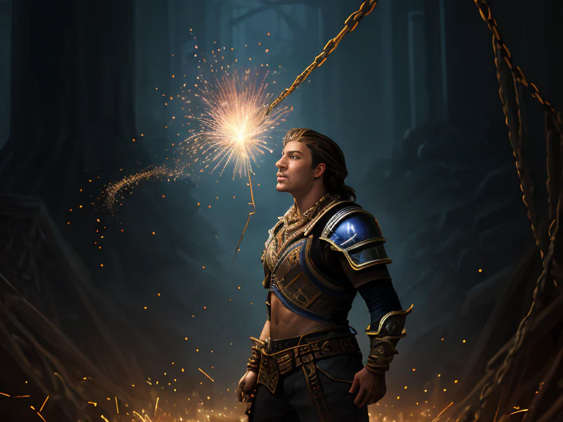 Agile Human male, Latino, Ranger, In a labyrinth of hanging chains, echoes whispering secrets, three-quarter view
