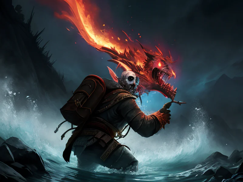 Flameforged (Undead:1.35), Voidwalker, Diving into roaring whirlpool with glowing relic, three-quarter view, powerful creature