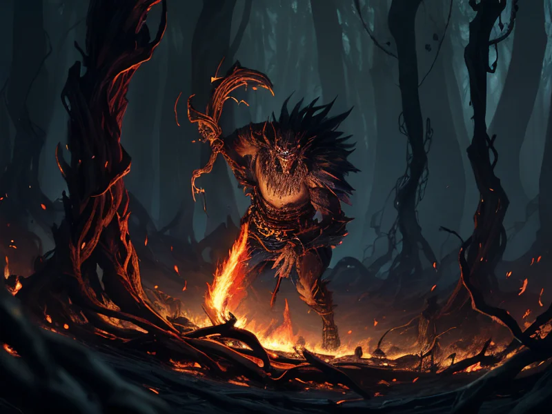Starforged (Fire Elemental:1.35), living blaze body, molten cracks, ember core, smoke wisps, A halberd draped in chains of tiny prayer tablets, low angle shot, powerful creature