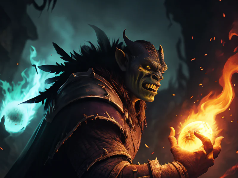 Battle-hardened (Orc:1.35), Warlock, Wears a raven feather cape, three-quarter view, powerful creature