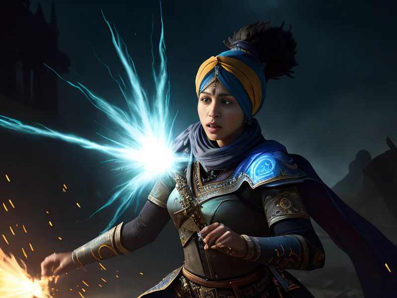 Ashen Human female, South Asian, Templar, A turban wrapped around a levitating gemstone, dynamic angle, powerful creature