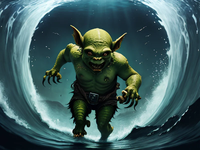 Fearsome (Goblin:1.35), Ranger, Poised to dive into the depths of a mysterious lake, three-quarter view, powerful creature
