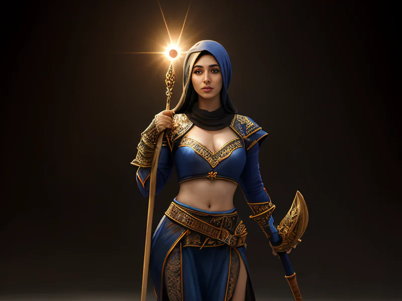 Loyal Human female, Middle Eastern, Cleric, A staff holding a miniature eclipse between its prongs, waist-up shot