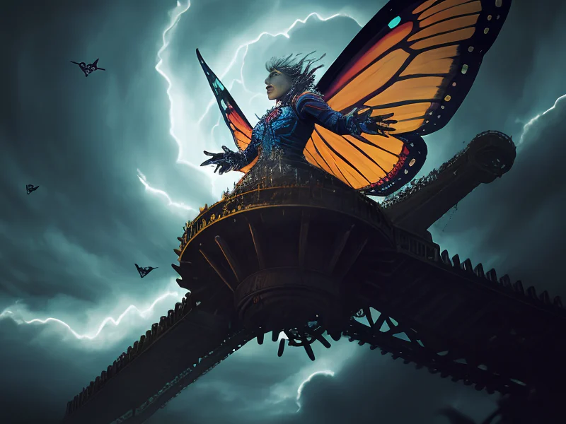 Windscarred (Air Elemental:1.35), semi-transparent wind body, cyclone torso, cloud wisps, Atop a clockwork tower, gears turning beneath their boots, low angle shot