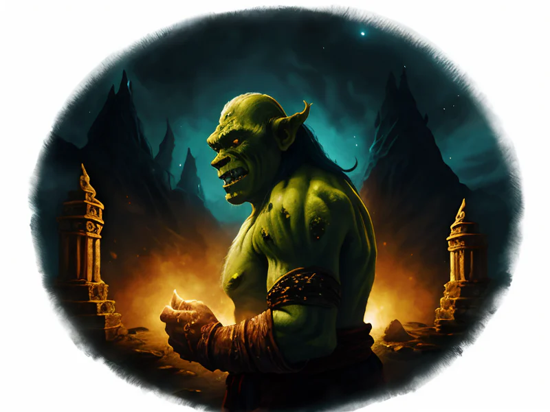 Bonecarved (Orc:1.35), Blood Mage, In a celestial temple, bathed in divine light, three-quarter view