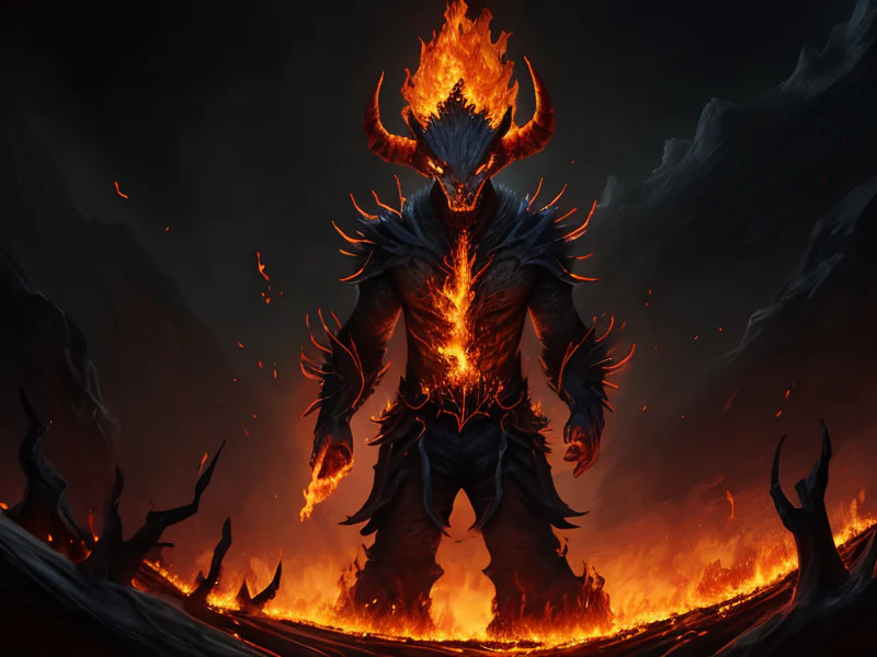 Dawnlit (Fire Elemental:1.35), living blaze body, molten cracks, ember core, smoke wisps, Horns wreathed in embers, dynamic angle