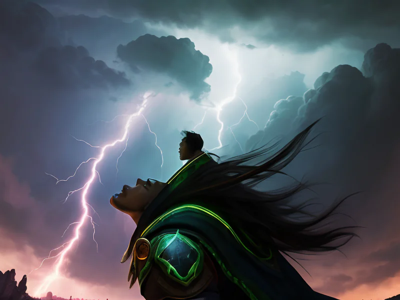 Ascendant Human male, East Asian, Summoner, Inside a storm, lightning framed behind their silhouette, low angle shot