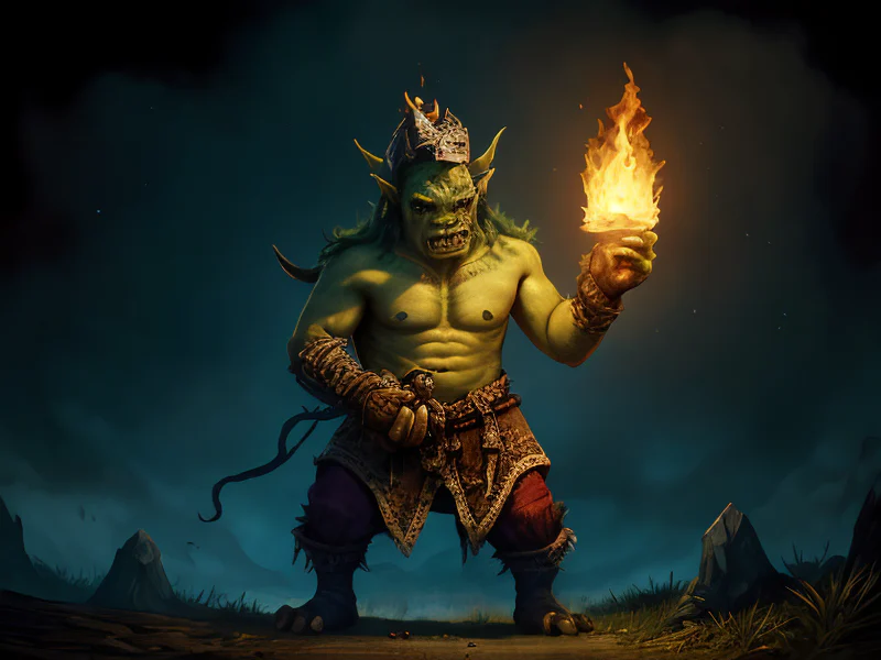 Flame-touched (Orc:1.35), Beastmaster, A helmet crowned with a slowly turning compass rose, full-body shot