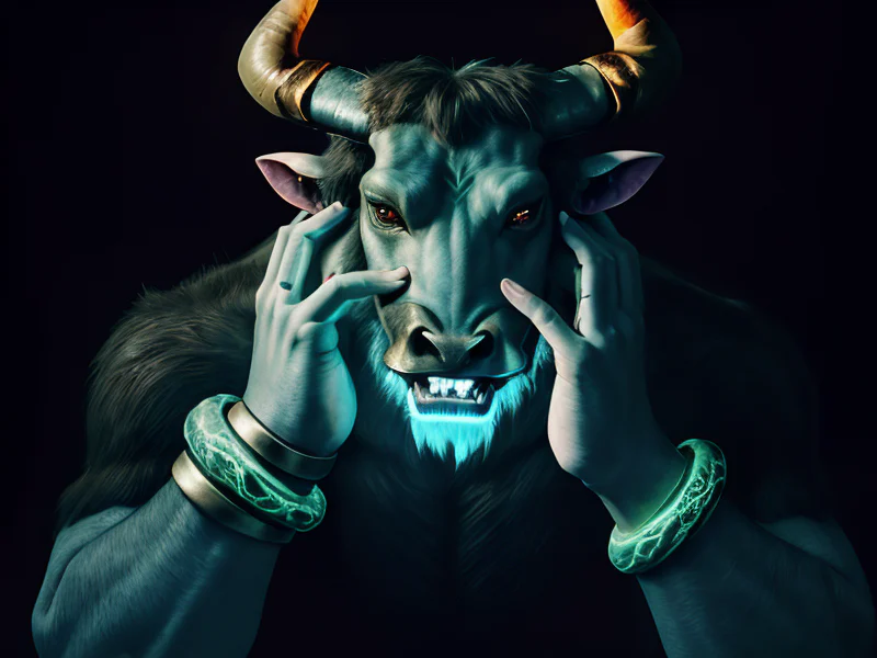 Cold-hearted (Minotaur:1.35), A serpent-shaped bracelet coiled around the wrist, medium close-up