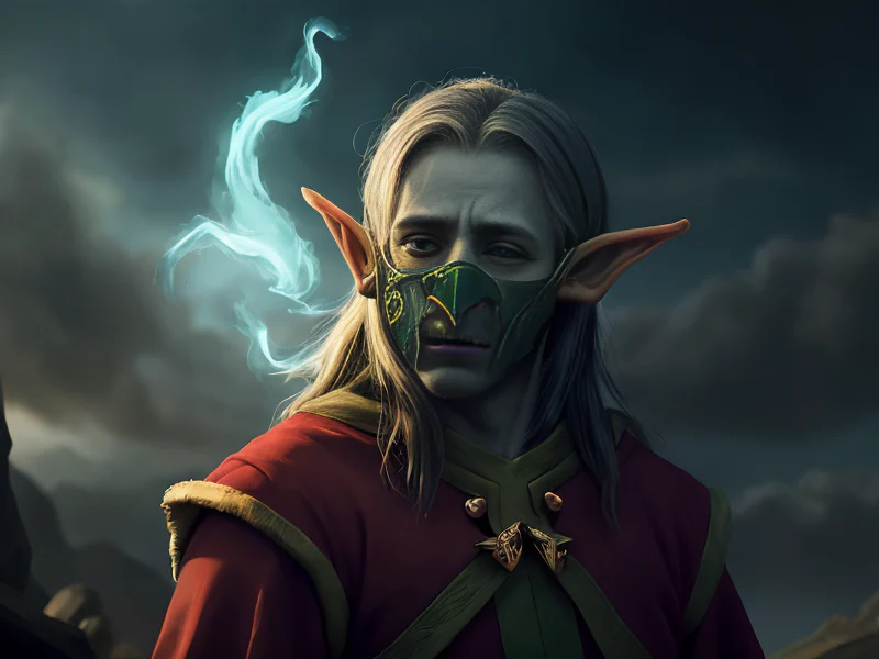 Cunning (Elf:1.35), Monk, A mask painted with a permanent sorrowful expression, dynamic angle