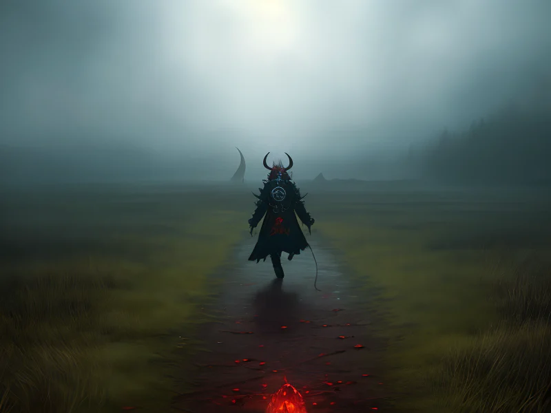 Agile (Demon:1.35), Blood Mage, On a mist-covered field, walking slowly toward the horizon, dynamic angle