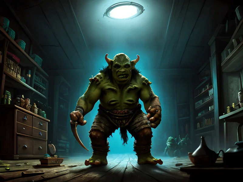 Deep-rooted (Orc:1.35), Witch, Inside a workshop scattered with levitating tools, low angle shot